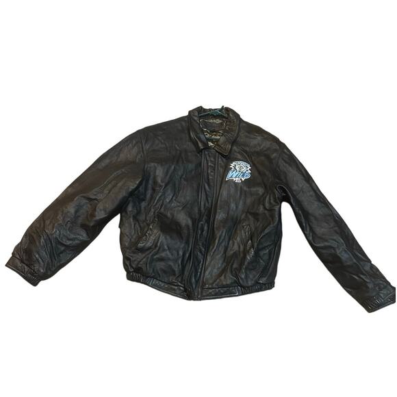 Vintage Wenatchee Wild Black Leather Bomber Jacket Full Zip Embroidered Logo - Picture 1 of 9